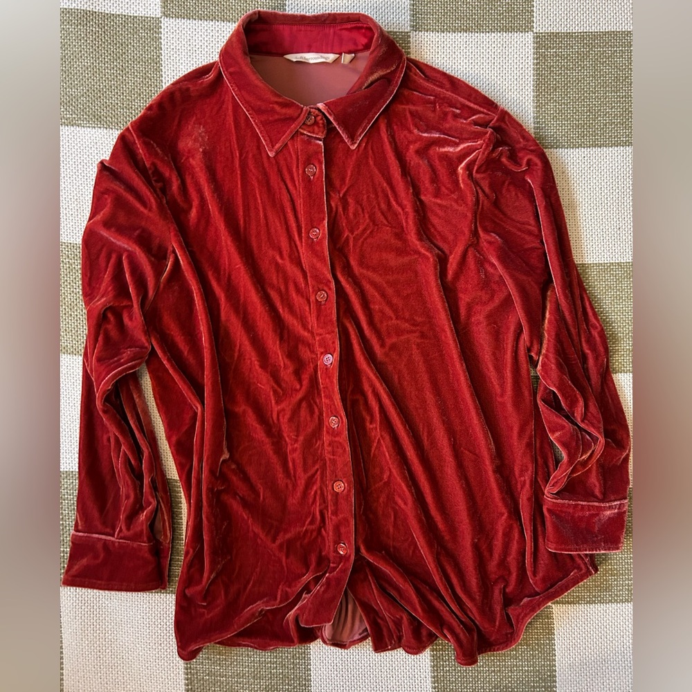Soft surroundings velour velvet long sleeve button down tunic rust orange PXL